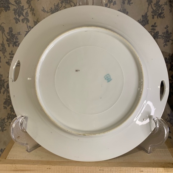 Antique Victoria Austria Floral 10" Porcelain Open Handled Cake Plate Green Trim - Picture 5 of 8